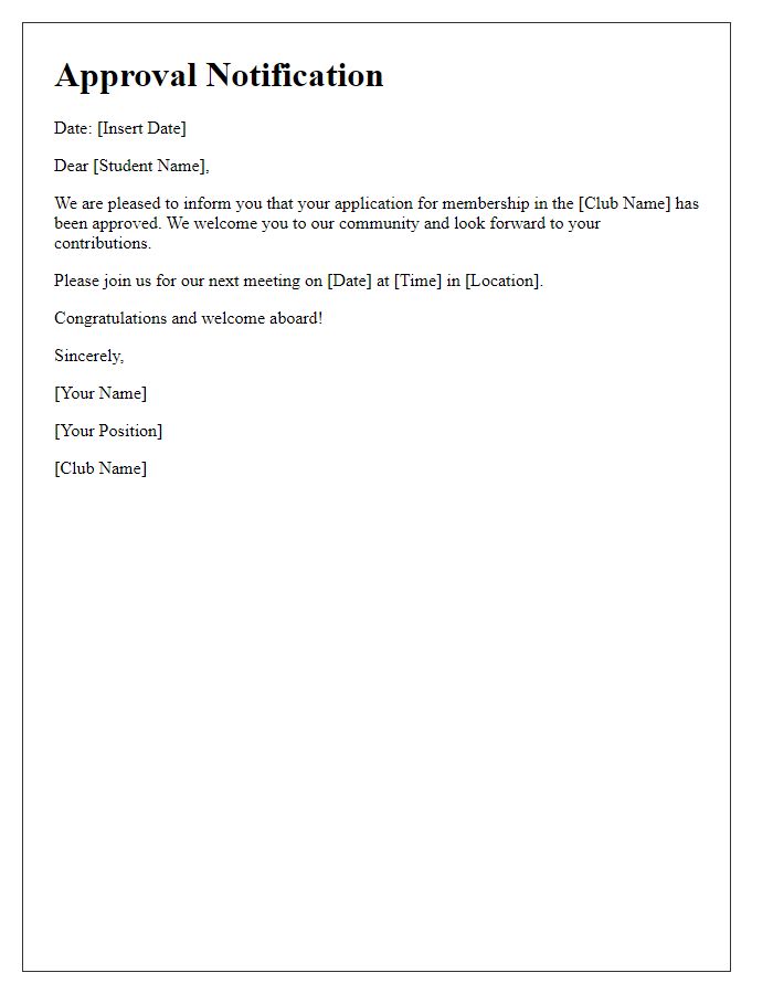 Letter template of approval notification for student club membership