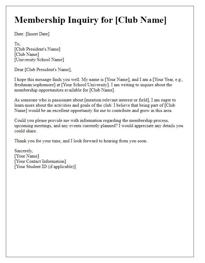 Letter template of membership inquiry for student club