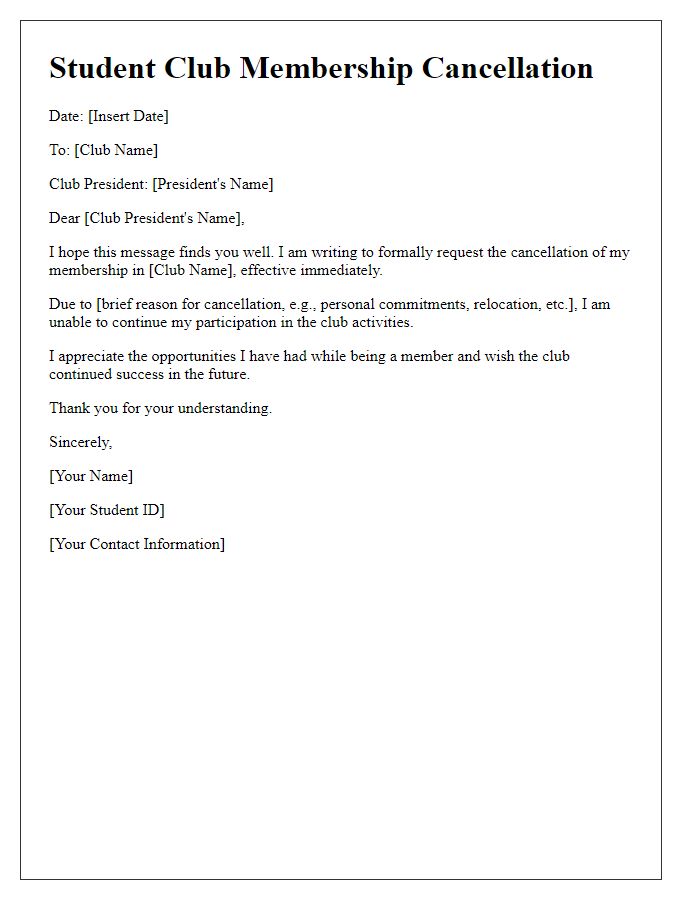 Letter template of student club membership cancellation