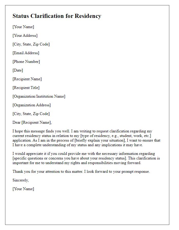 Letter template of Status Clarification for Residency