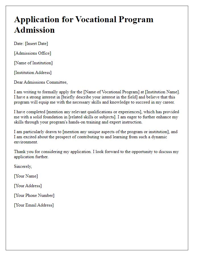 Letter template of application for vocational program admission