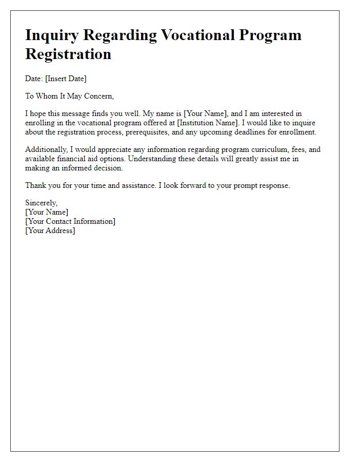 Letter template of inquiry regarding vocational program registration