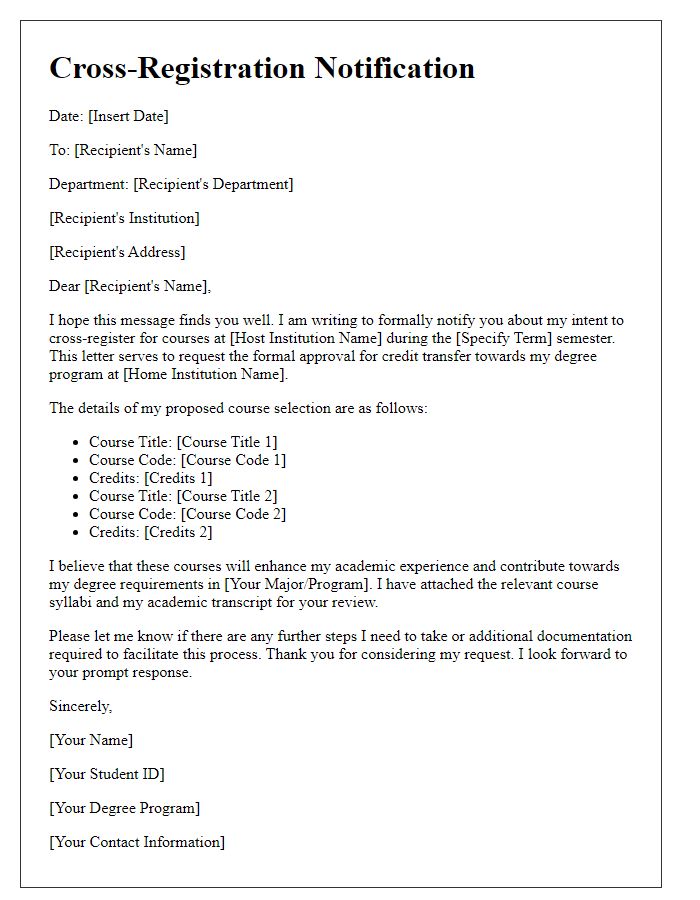 Letter template of cross-registration notification for academic credit transfer