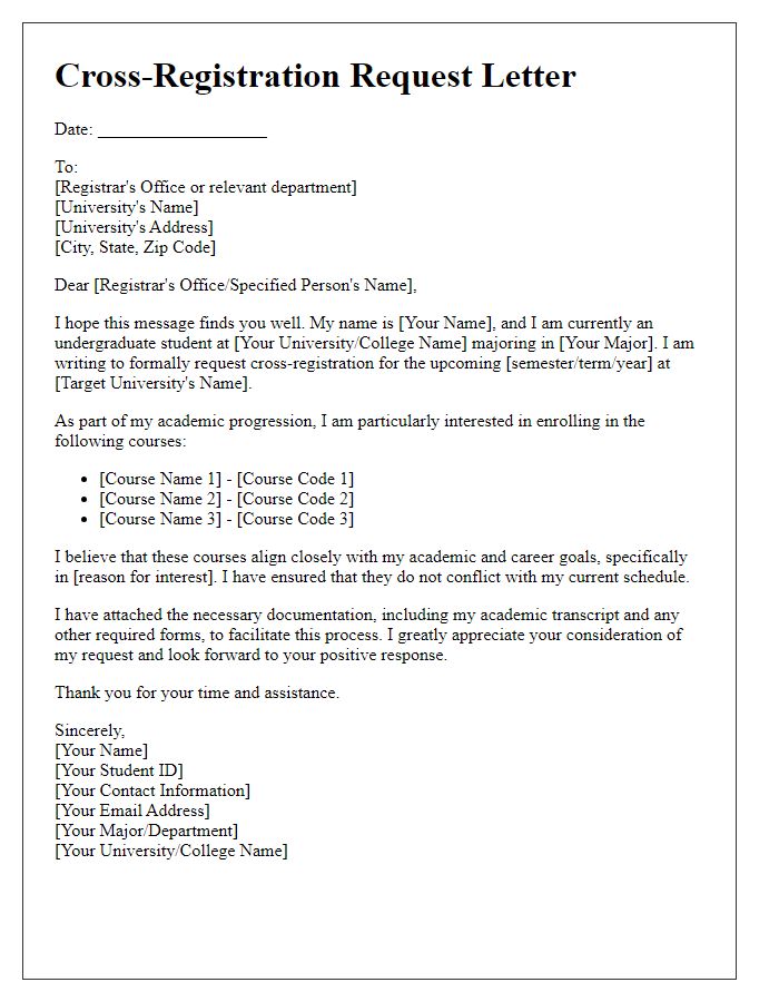 Letter template of cross-registration request for undergraduate studies