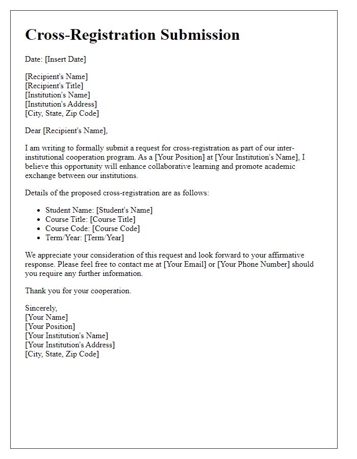 Letter template of cross-registration submission for inter-institutional cooperation