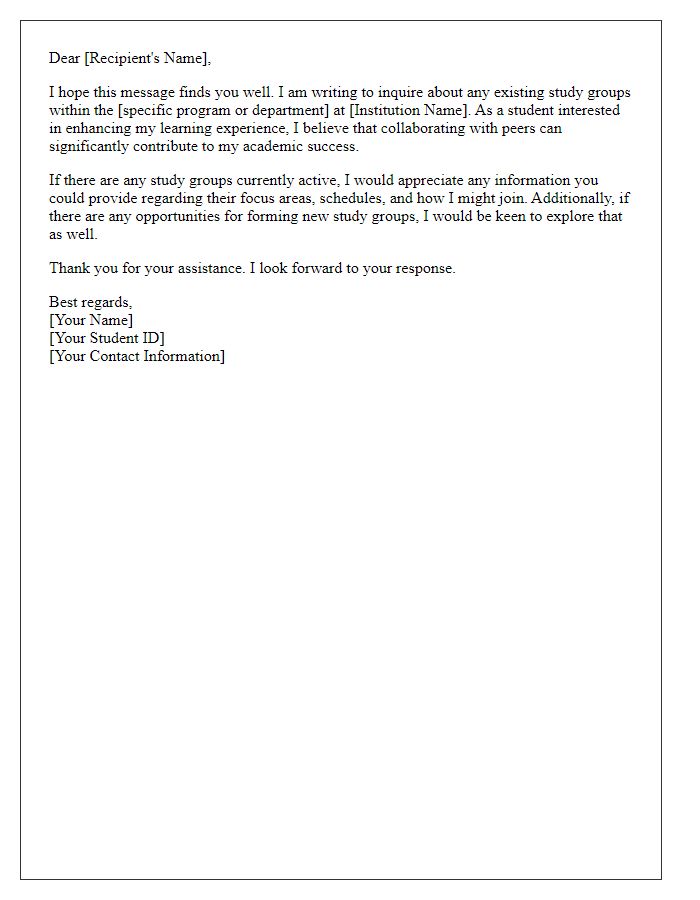 Letter template of inquiry about existing study groups.