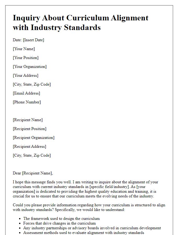 Letter template of inquiry about curriculum alignment with industry standards