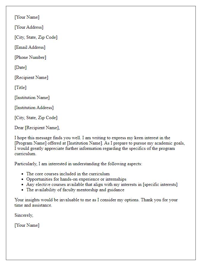 Letter template of interest in program curriculum specifics