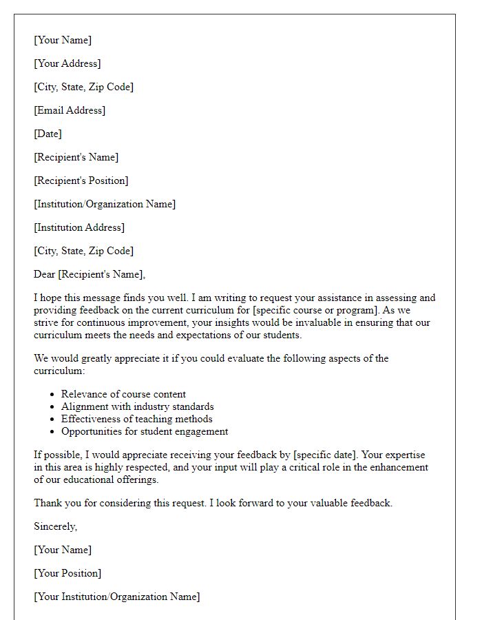 Letter template of request for curriculum assessment and feedback