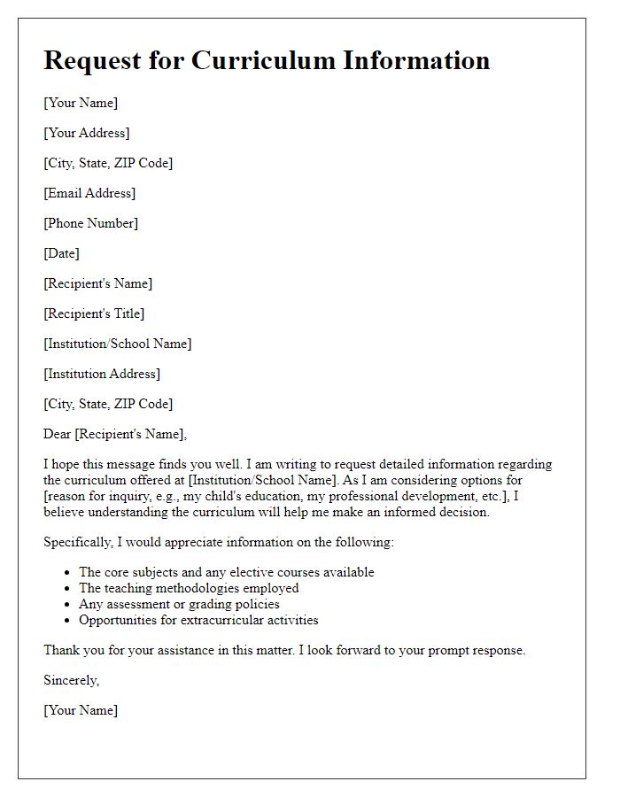 Letter template of request for curriculum information