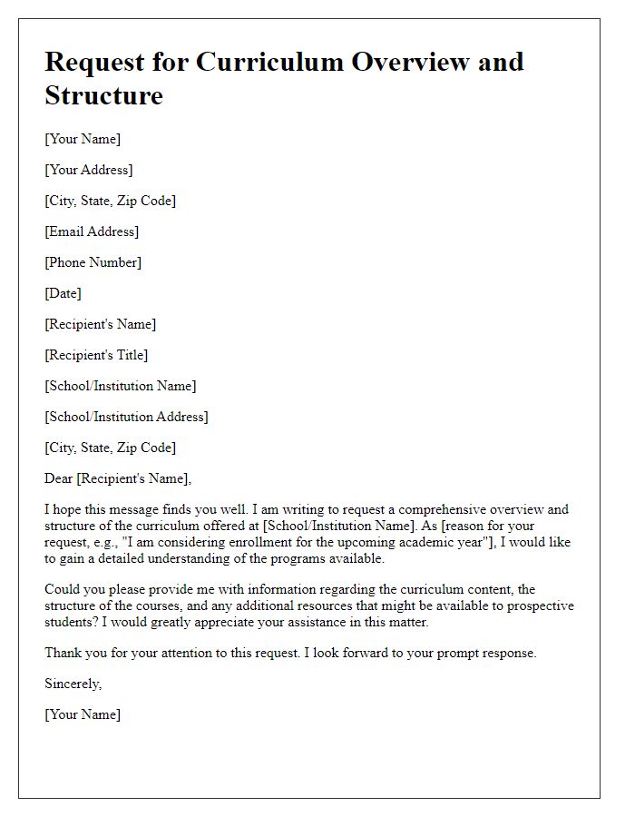 Letter template of request for curriculum overview and structure