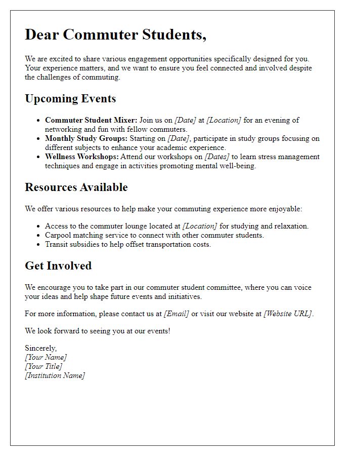 Letter template of commuter student engagement opportunities