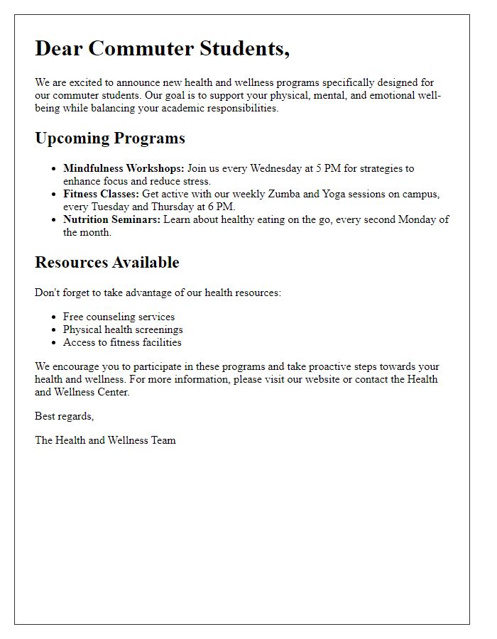 Letter template of commuter student health and wellness programs