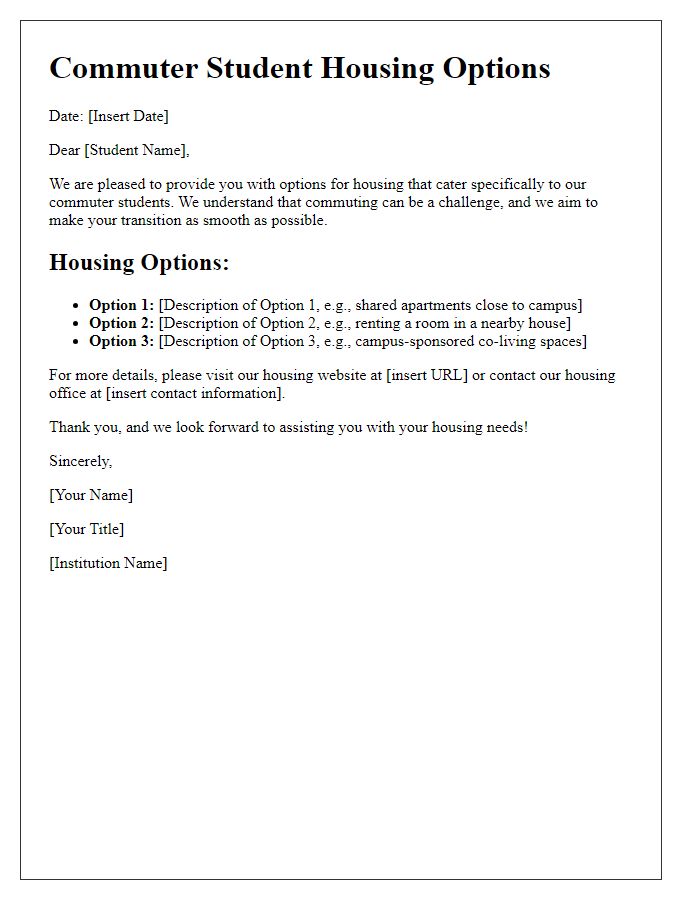 Letter template of commuter student housing options