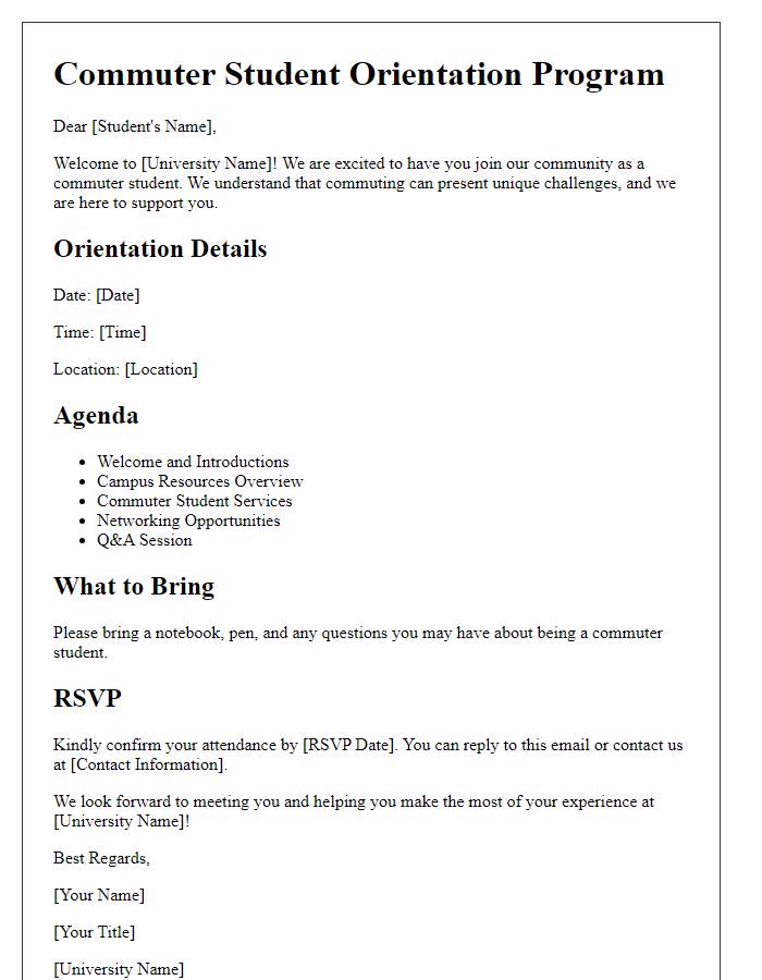 Letter template of commuter student orientation program information