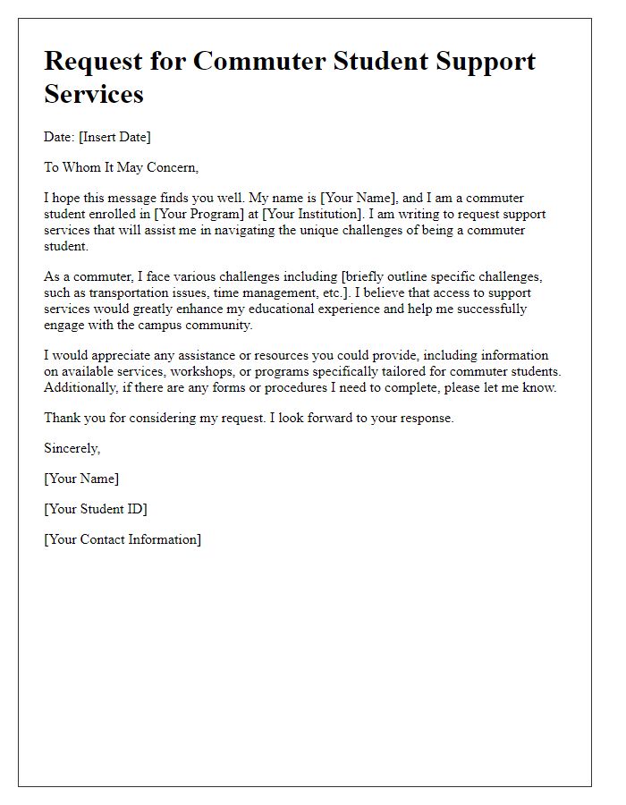 Letter template of commuter student support services request