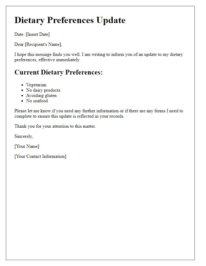 Letter template of dietary preferences update