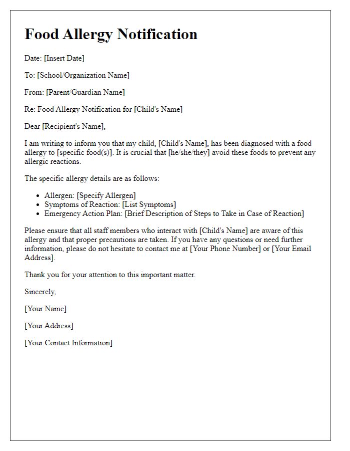 Letter template of food allergy notification