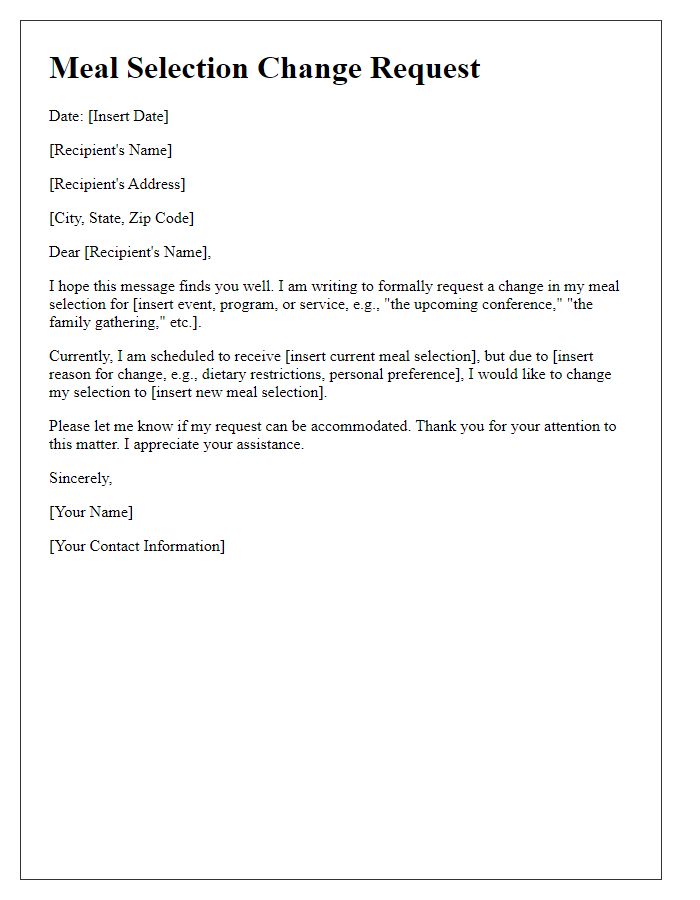 Letter template of meal selection change