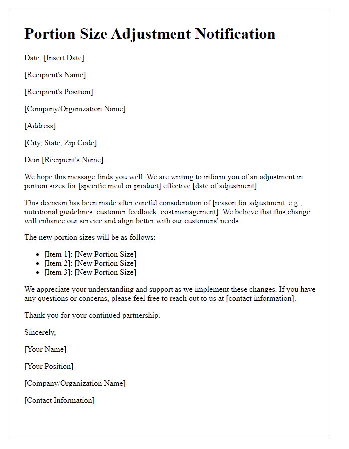 Letter template of portion size adjustment