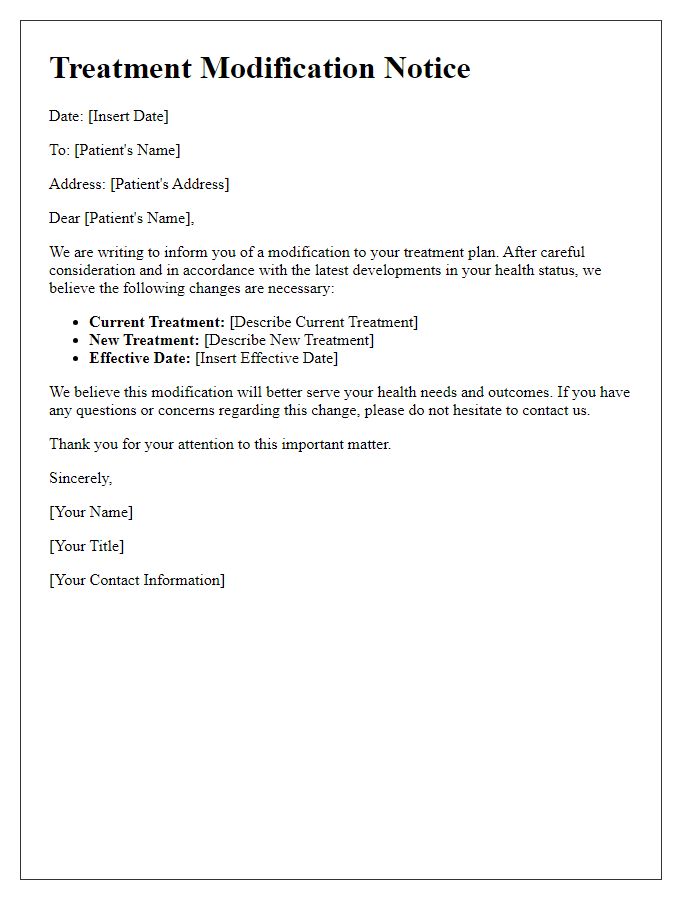 Letter template of treatment modification notice