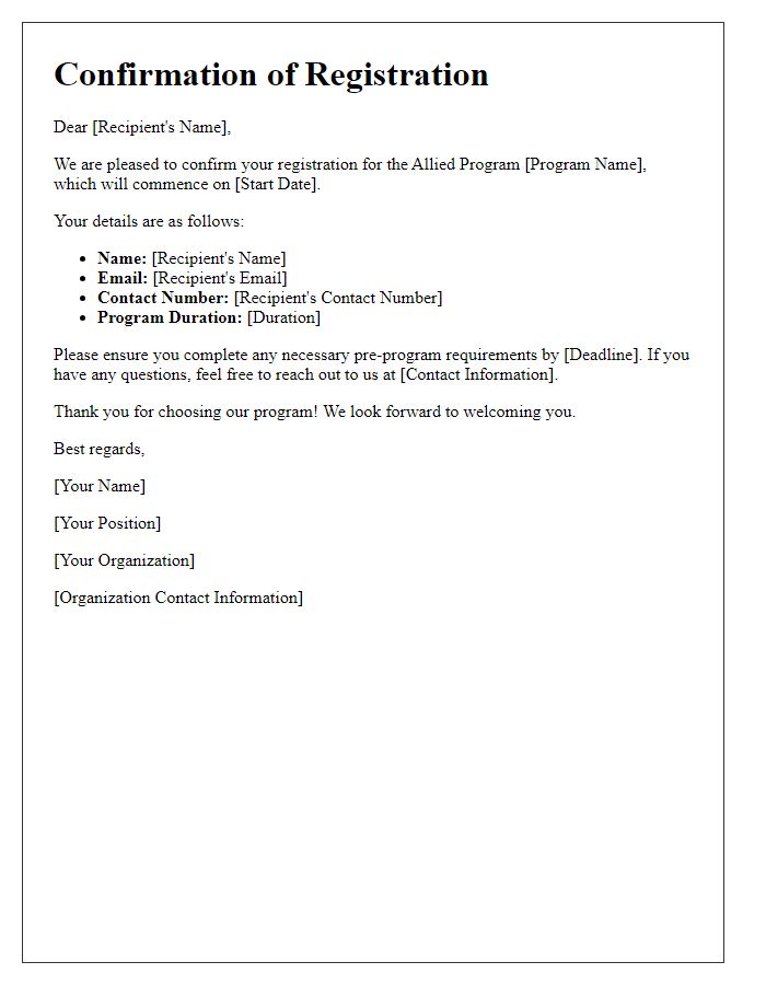 Letter template of confirmation for allied program registration