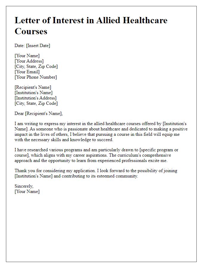 Letter template of interest in allied healthcare courses