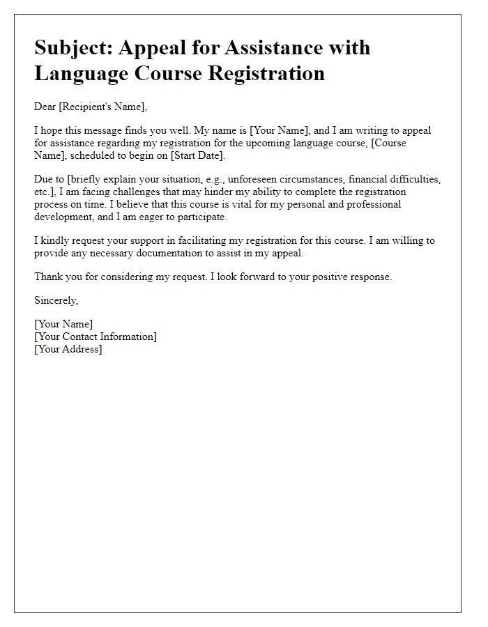 Letter template of appeal for language course registration assistance