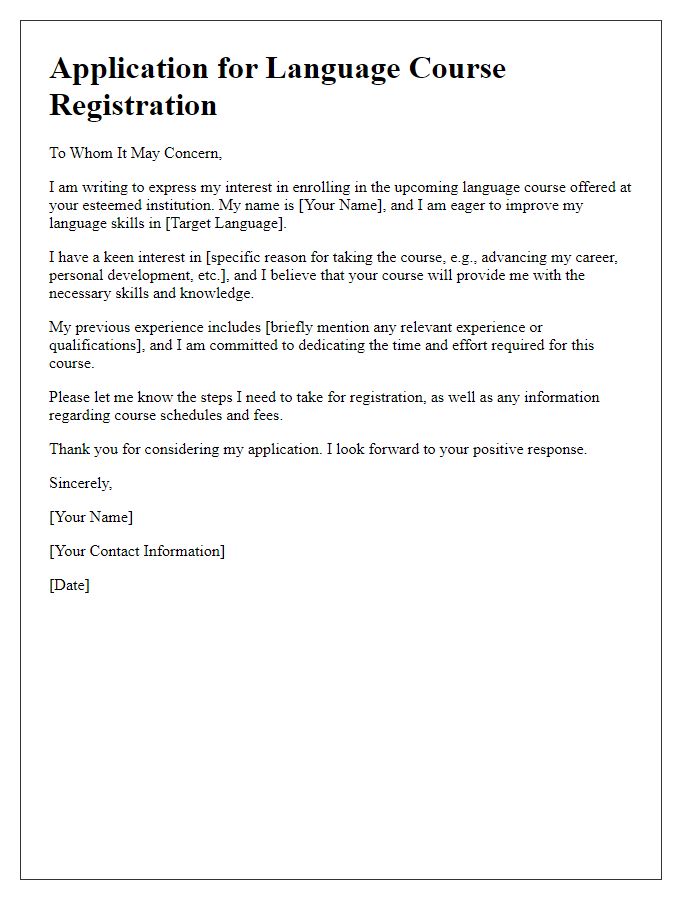 Letter template of application for language course registration