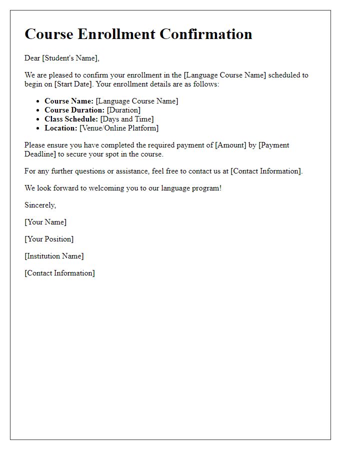 Letter template of confirmation for language course enrollment