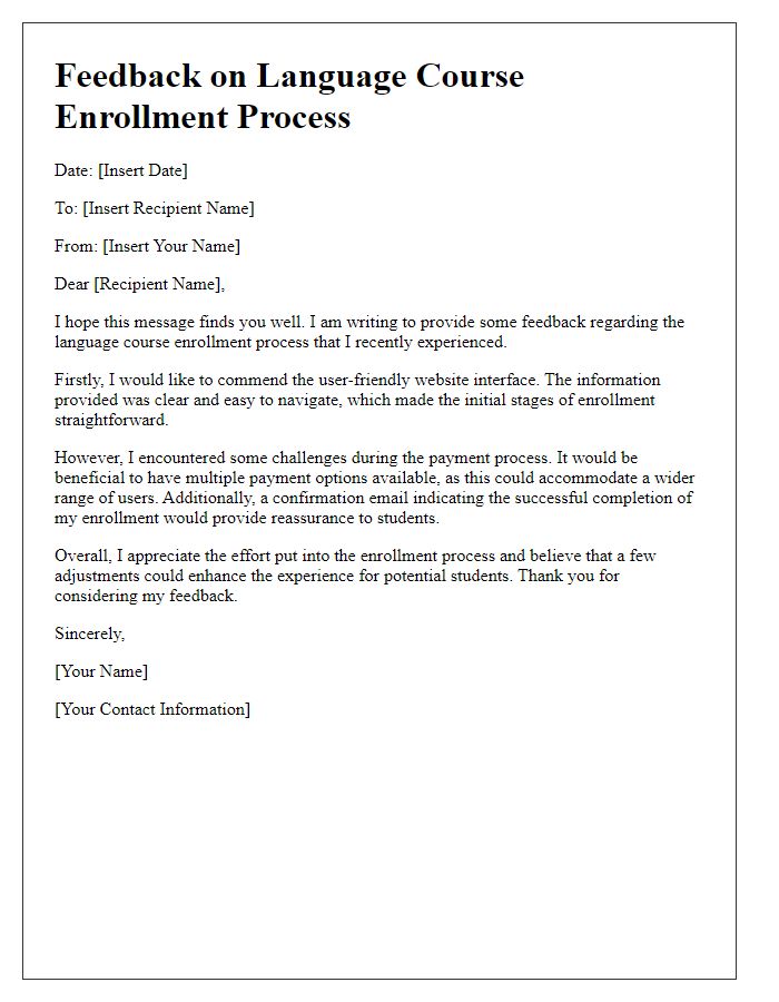 Letter template of feedback on language course enrollment process