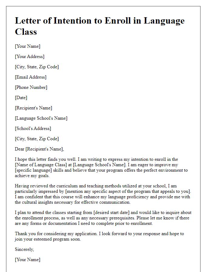 Letter template of intention to enroll in a language class