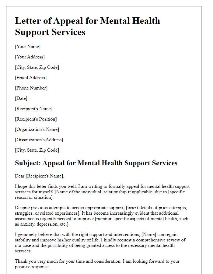 Letter template of appeal for mental health support services.