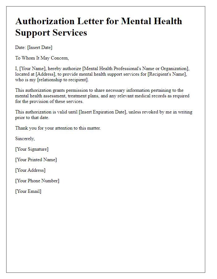 Letter template of authorization for mental health support services.