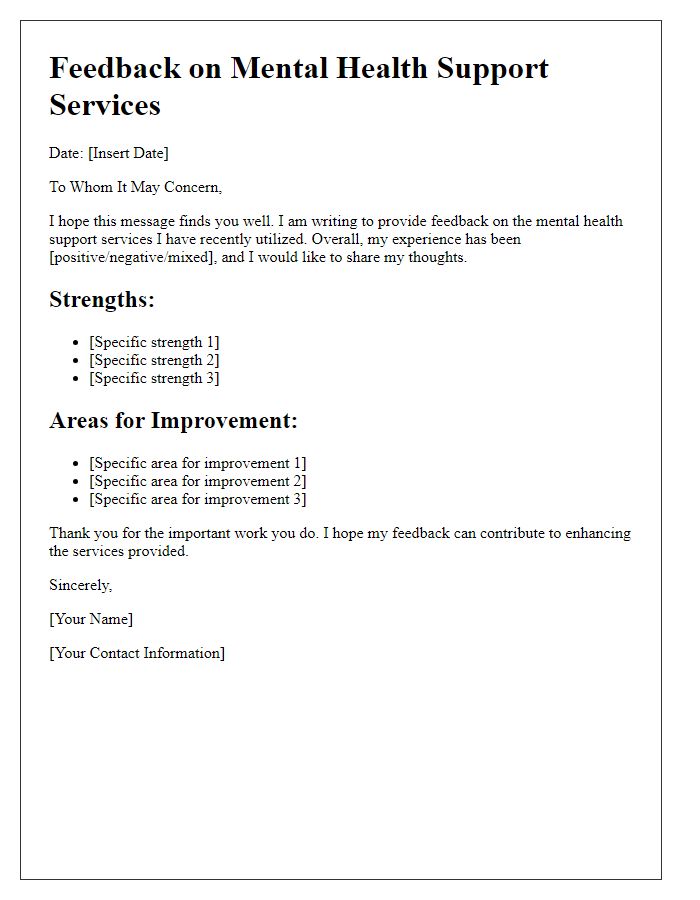 Letter template of feedback on mental health support services.