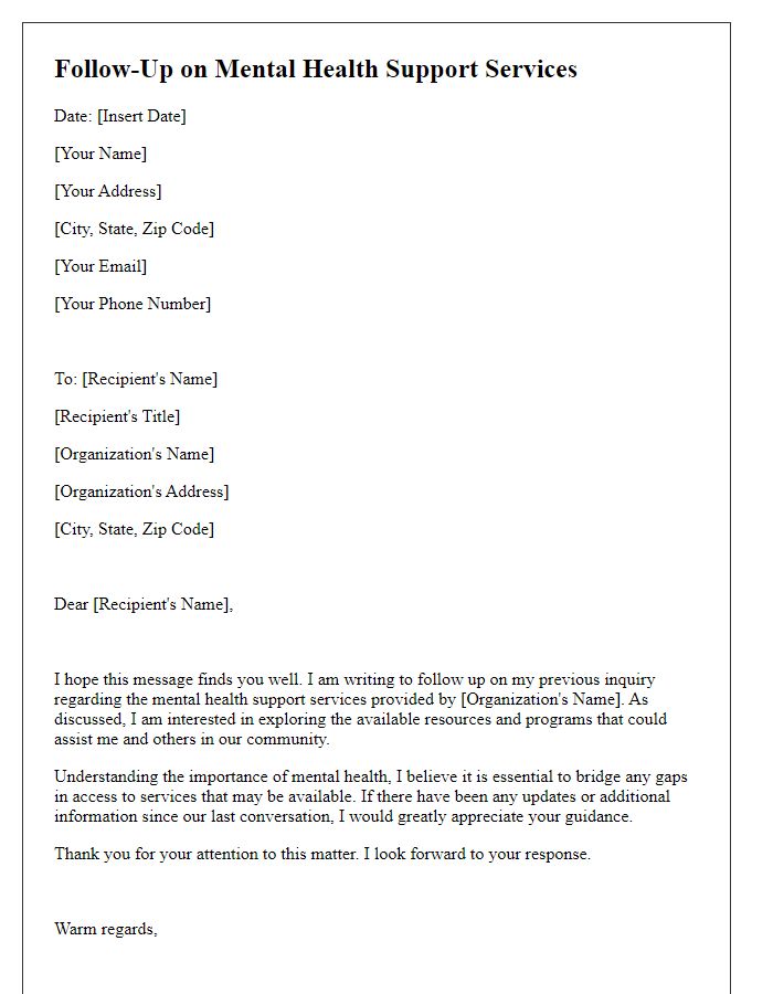 Letter template of follow-up regarding mental health support services.