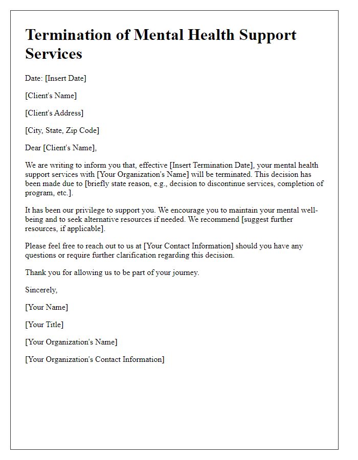 Letter template of termination of mental health support services.