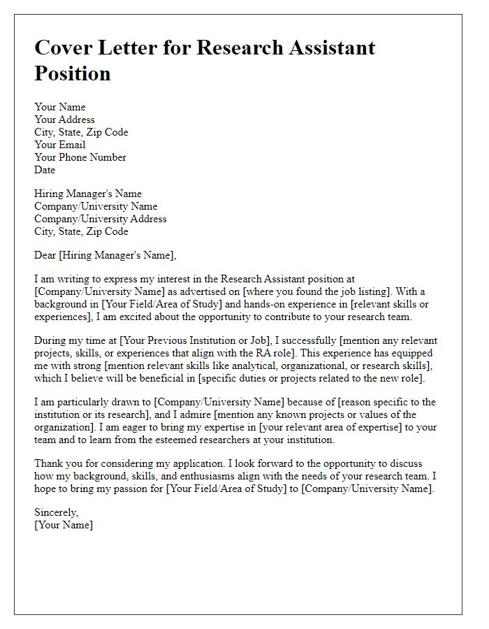 Letter template of cover letter for RA role