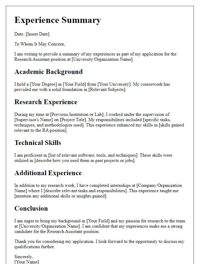 Letter template of experience summary for RA application