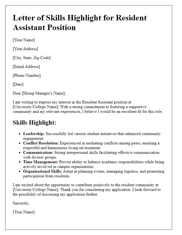 Letter template of skills highlight for resident assistant role