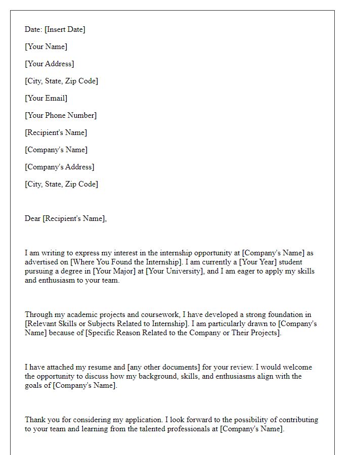 Letter template of digital application submission for internship opportunities.