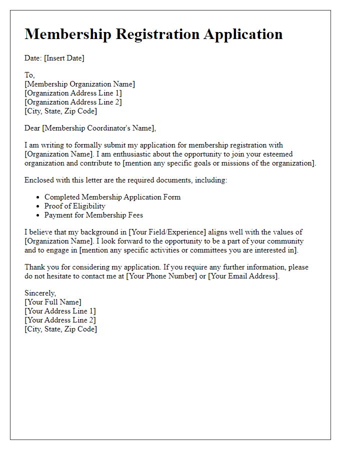 Letter template of digital application submission for membership registration.