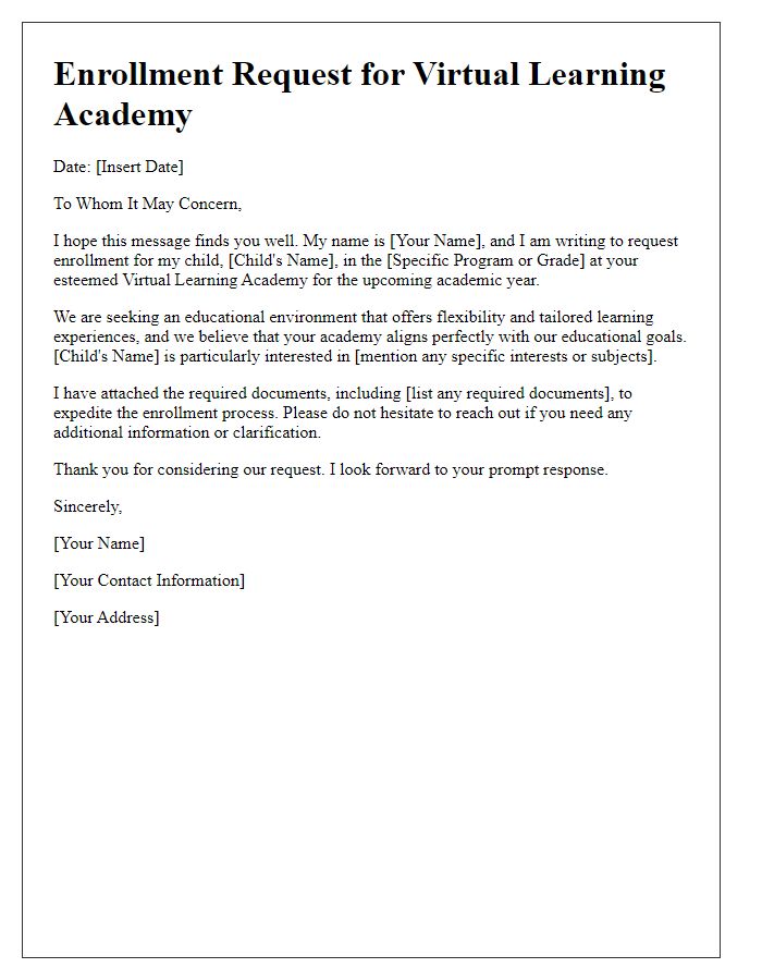 Letter template of enrollment request for a virtual learning academy.