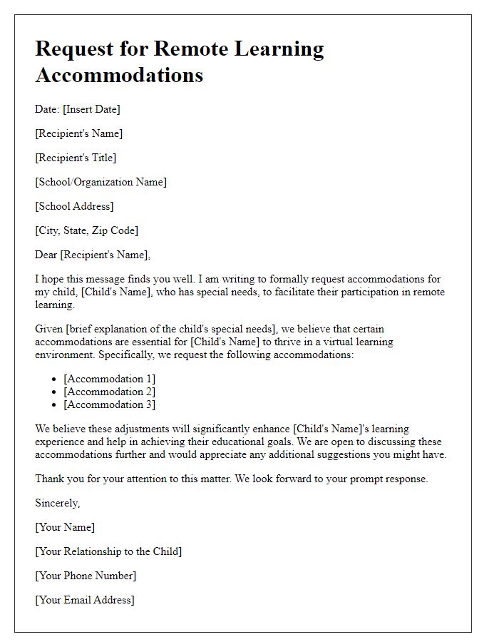 Letter template of request for remote learning accommodations for special needs students.