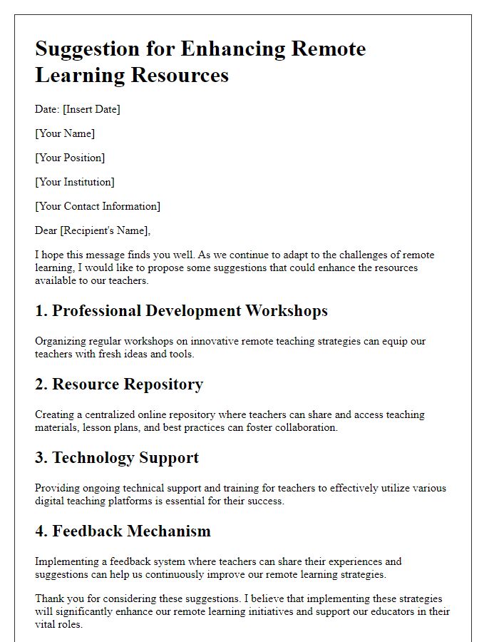 Letter template of suggestion for enhancing remote learning resources for teachers.