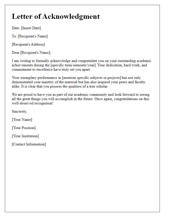 Letter template of academic achievement acknowledgment