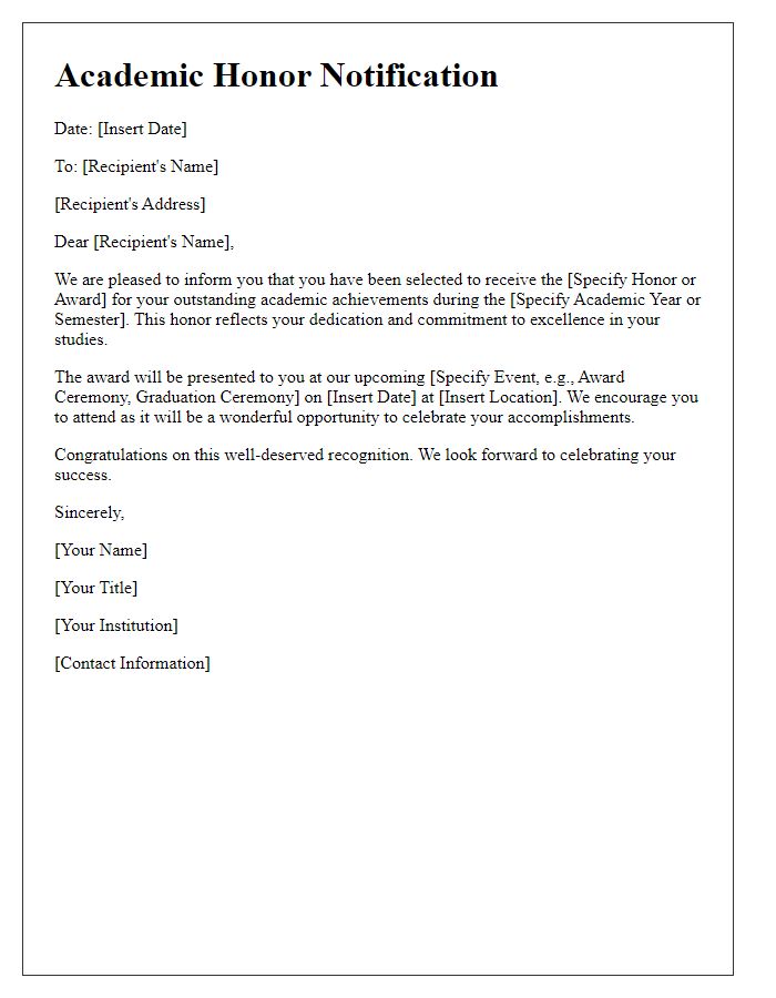 Letter template of academic honor notification