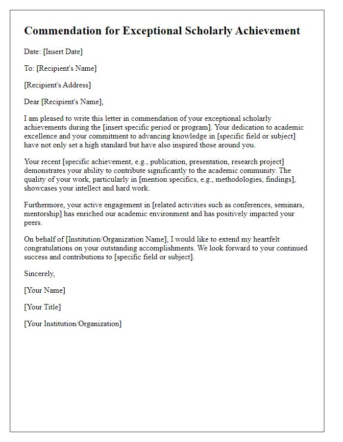 Letter template of exceptional scholarly achievement commendation