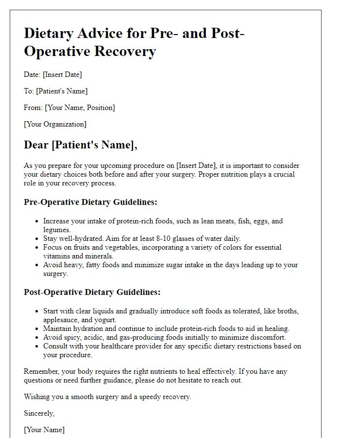 Letter template of dietary advice for pre- and post-operative recovery.