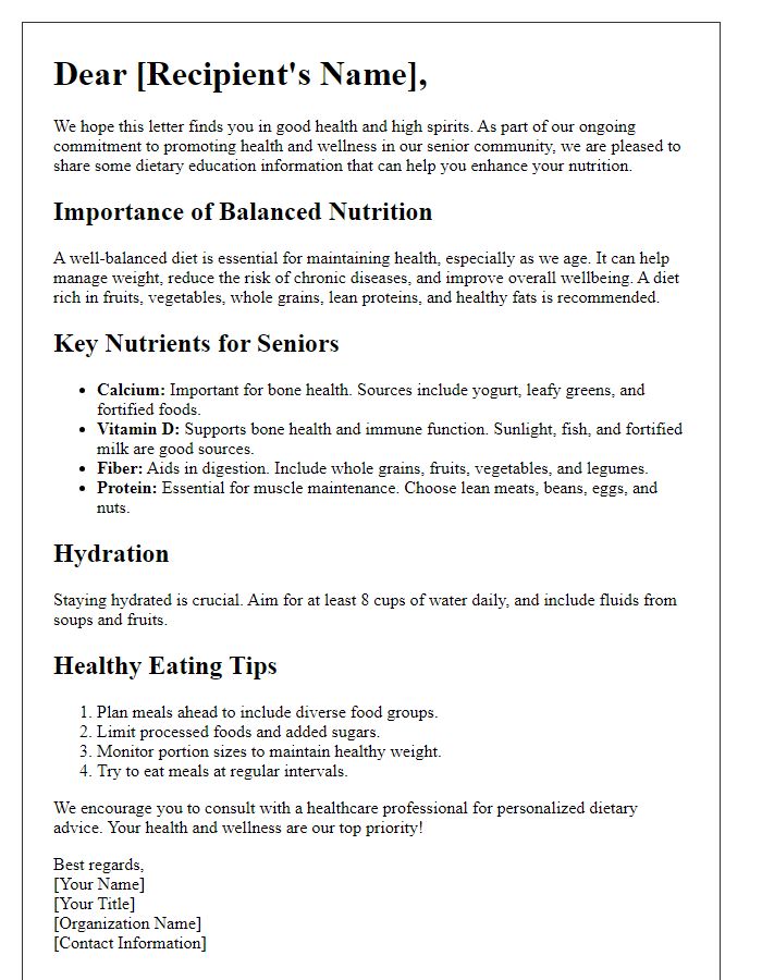 Letter template of dietary education for senior nutrition and wellness.